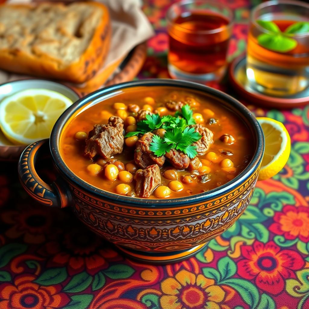 A warm and inviting bowl of traditional Moroccan Harira soup, rich in spices and textures