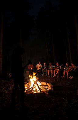 A campfire party scene set in a dark, dense forest