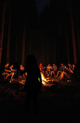 A campfire party scene set in a dark, dense forest
