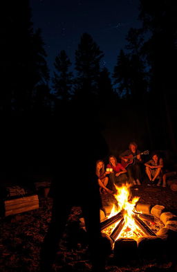 A campfire party scene set in a dark, dense forest