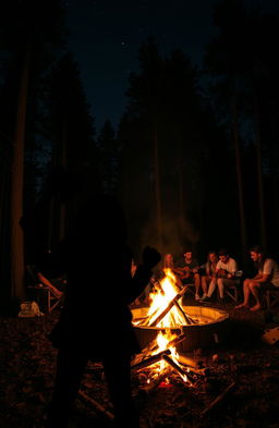 A campfire party scene set in a dark, dense forest