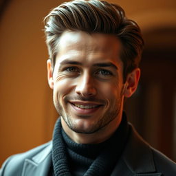 A beautiful, charismatic male actor with striking features, exuding charm and confidence