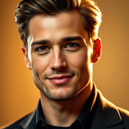 A beautiful, charismatic male actor with striking features, exuding charm and confidence