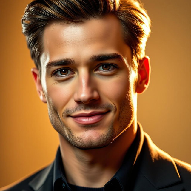 A beautiful, charismatic male actor with striking features, exuding charm and confidence