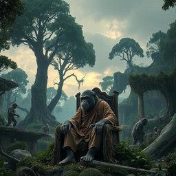 A dramatic landscape depicting a post-apocalyptic world where intelligent apes rule