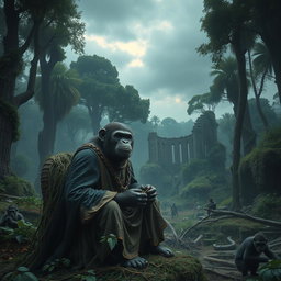 A dramatic landscape depicting a post-apocalyptic world where intelligent apes rule