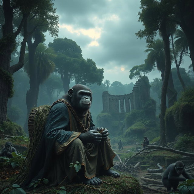 A dramatic landscape depicting a post-apocalyptic world where intelligent apes rule