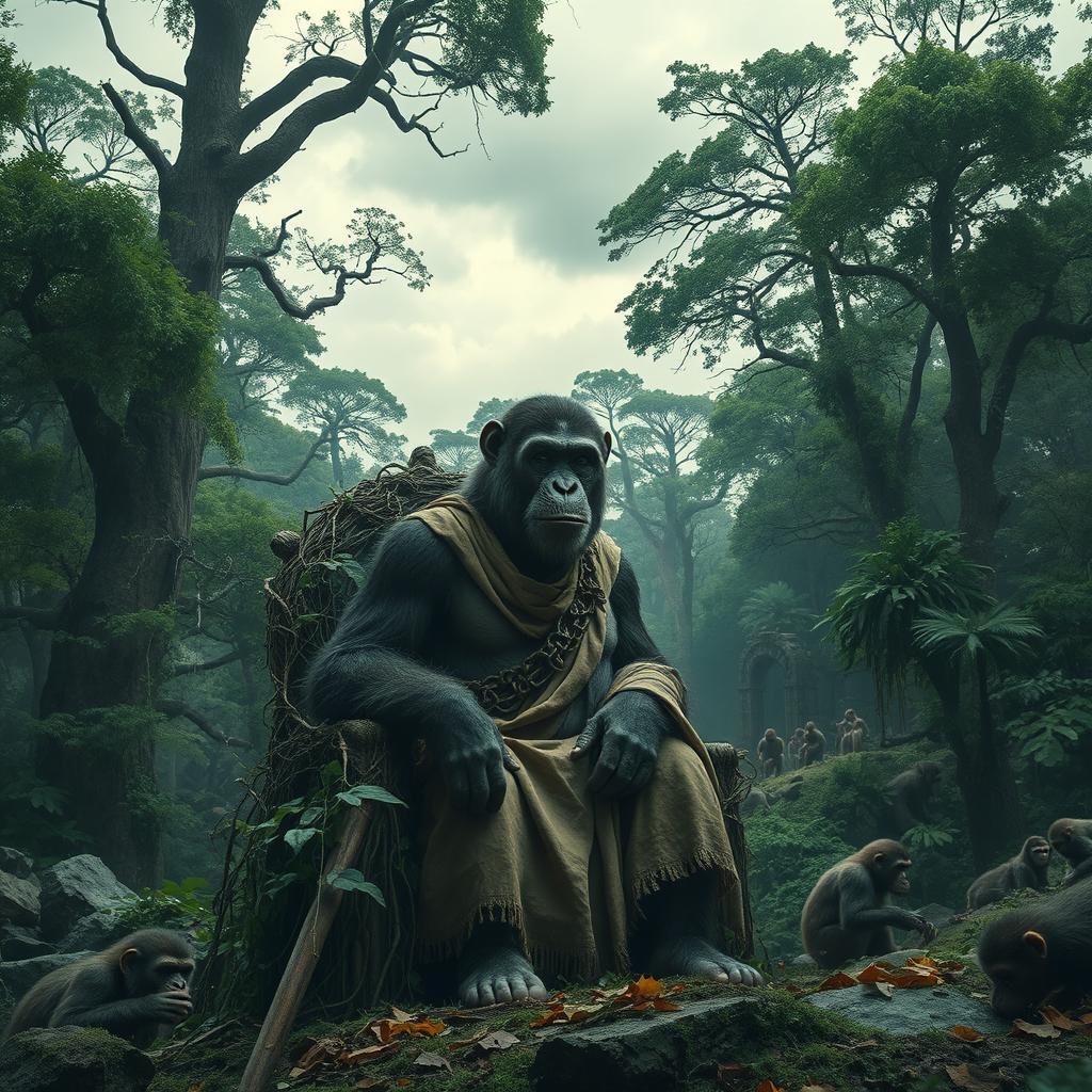 A dramatic landscape depicting a post-apocalyptic world where intelligent apes rule