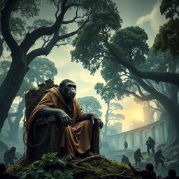 A dramatic landscape depicting a post-apocalyptic world where intelligent apes rule