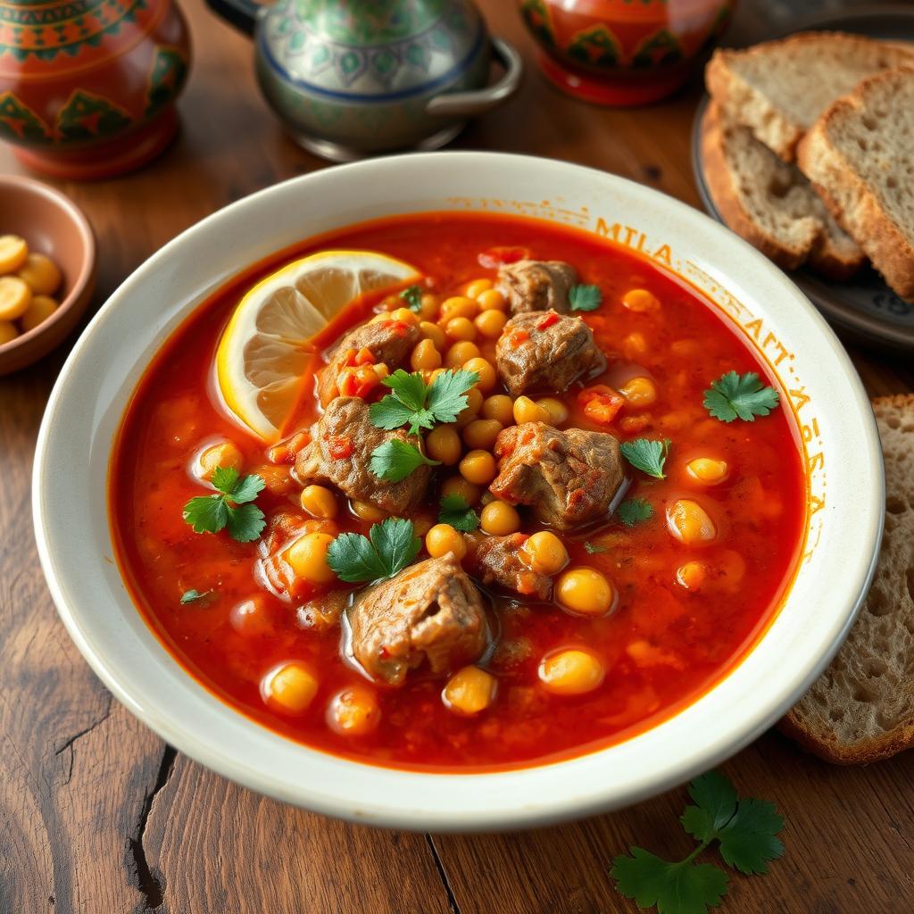 A vibrant bowl of traditional Harira soup, showcasing rich, flavorful ingredients