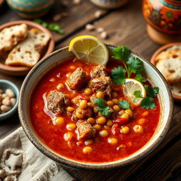 A vibrant bowl of traditional Harira soup, showcasing rich, flavorful ingredients