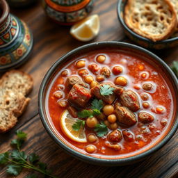 A vibrant bowl of traditional Harira soup, showcasing rich, flavorful ingredients