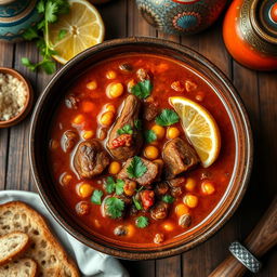 A vibrant bowl of traditional Harira soup, showcasing rich, flavorful ingredients