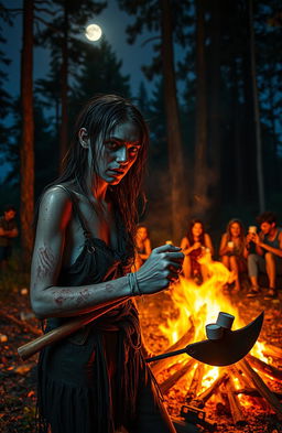 A campfire party scene set in a lush, moonlit forest
