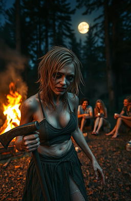 A campfire party scene set in a lush, moonlit forest