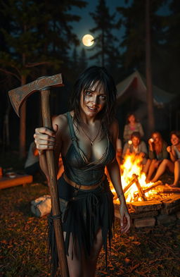 A campfire party scene set in a lush, moonlit forest