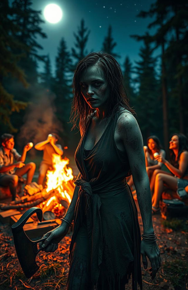 A campfire party scene set in a lush, moonlit forest