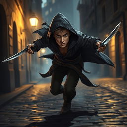 A medium-height thief in mid-flight, wielding two daggers, with a determined expression on his face