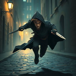 A medium-height thief in mid-flight, wielding two daggers, with a determined expression on his face