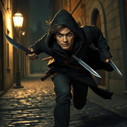 A medium-height thief in mid-flight, wielding two daggers, with a determined expression on his face
