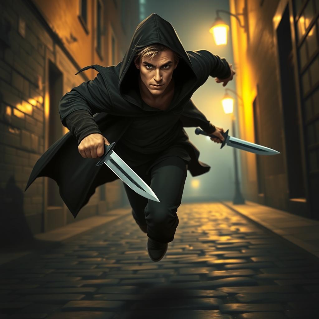 A medium-height thief in mid-flight, wielding two daggers, with a determined expression on his face
