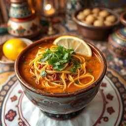 A delicious bowl of harira soup featuring thin vermicelli noodles, richly spiced with traditional Moroccan spices, like cumin and coriander