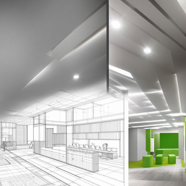 Detailed architectural plan of a modern bank, featuring interior and exterior designs with a contemporary aesthetic