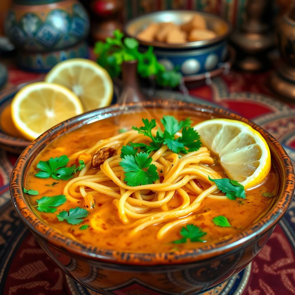 A delicious bowl of harira soup featuring thin vermicelli noodles, richly spiced with traditional Moroccan spices, like cumin and coriander