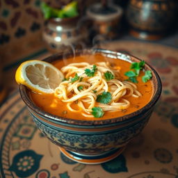 A delicious bowl of harira soup featuring thin vermicelli noodles, richly spiced with traditional Moroccan spices, like cumin and coriander