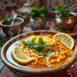 A delicious bowl of harira soup featuring thin vermicelli noodles, richly spiced with traditional Moroccan spices, like cumin and coriander