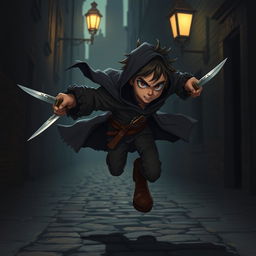 A short thief in mid-flight, wielding two daggers, with an intense and agile expression
