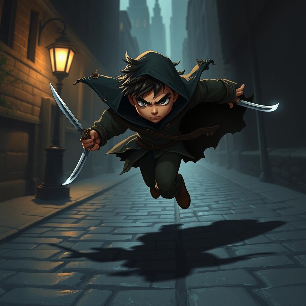 A short thief in mid-flight, wielding two daggers, with an intense and agile expression