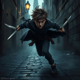 A short thief in mid-flight, wielding two daggers, with an intense and agile expression