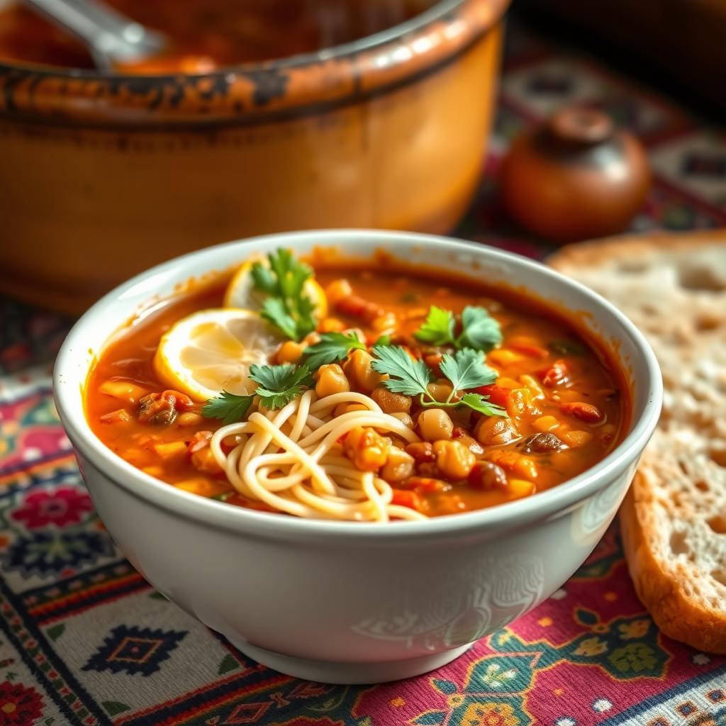 A delicious bowl of Harira soup featuring fine vermicelli noodles