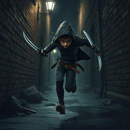 A short thief in a realistic style, sprinting through a shadowy urban alley while holding two gleaming daggers