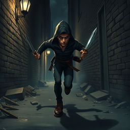 A short thief in a realistic style, sprinting through a shadowy urban alley while holding two gleaming daggers