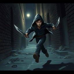 A short thief in a realistic style, sprinting through a shadowy urban alley while holding two gleaming daggers