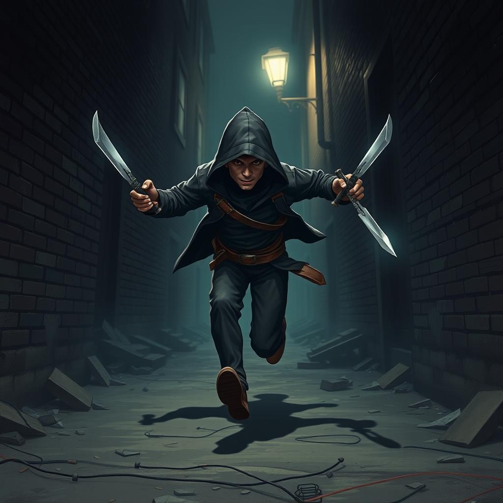 A short thief in a realistic style, sprinting through a shadowy urban alley while holding two gleaming daggers