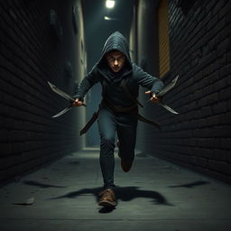 A short thief in a realistic style, captured mid-run with two daggers in hand, showcasing a look of urgency and agility