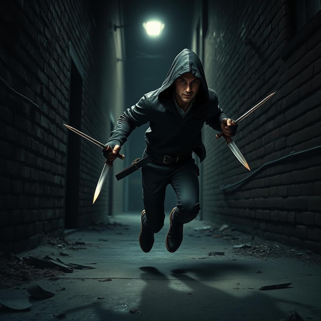 A short thief in a realistic style, captured mid-run with two daggers in hand, showcasing a look of urgency and agility
