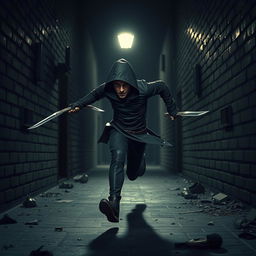 A short thief in a realistic style, captured mid-run with two daggers in hand, showcasing a look of urgency and agility