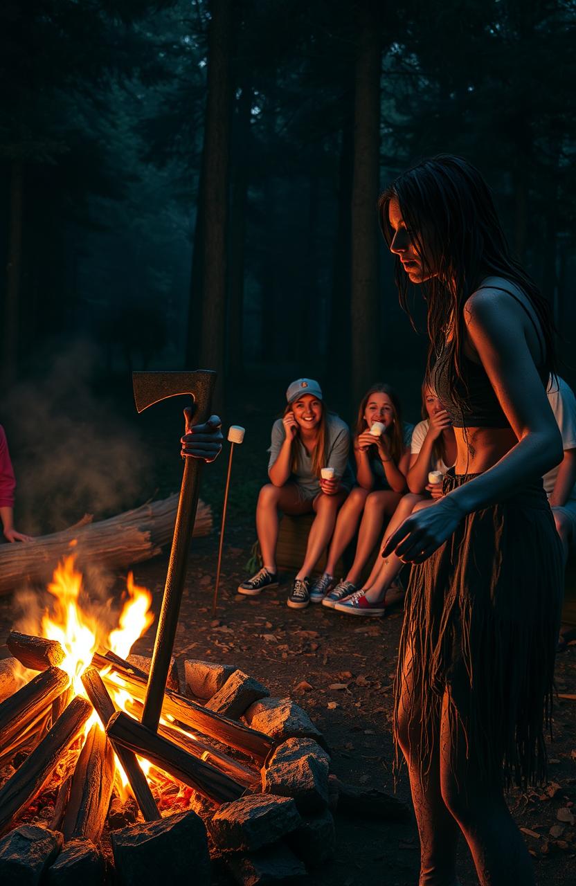 A campfire party scene set in a dark, dense forest