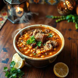 A steaming bowl of Harira soup, typically served in a traditional Moroccan setting