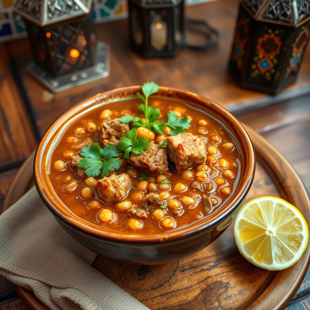 A steaming bowl of Harira soup, typically served in a traditional Moroccan setting
