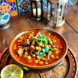 A steaming bowl of Harira soup, typically served in a traditional Moroccan setting