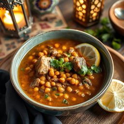 A steaming bowl of Harira soup, typically served in a traditional Moroccan setting