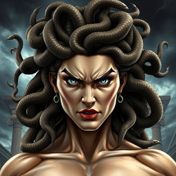 A powerful depiction of Medusa from Greek mythology, showcasing strong and defined facial features