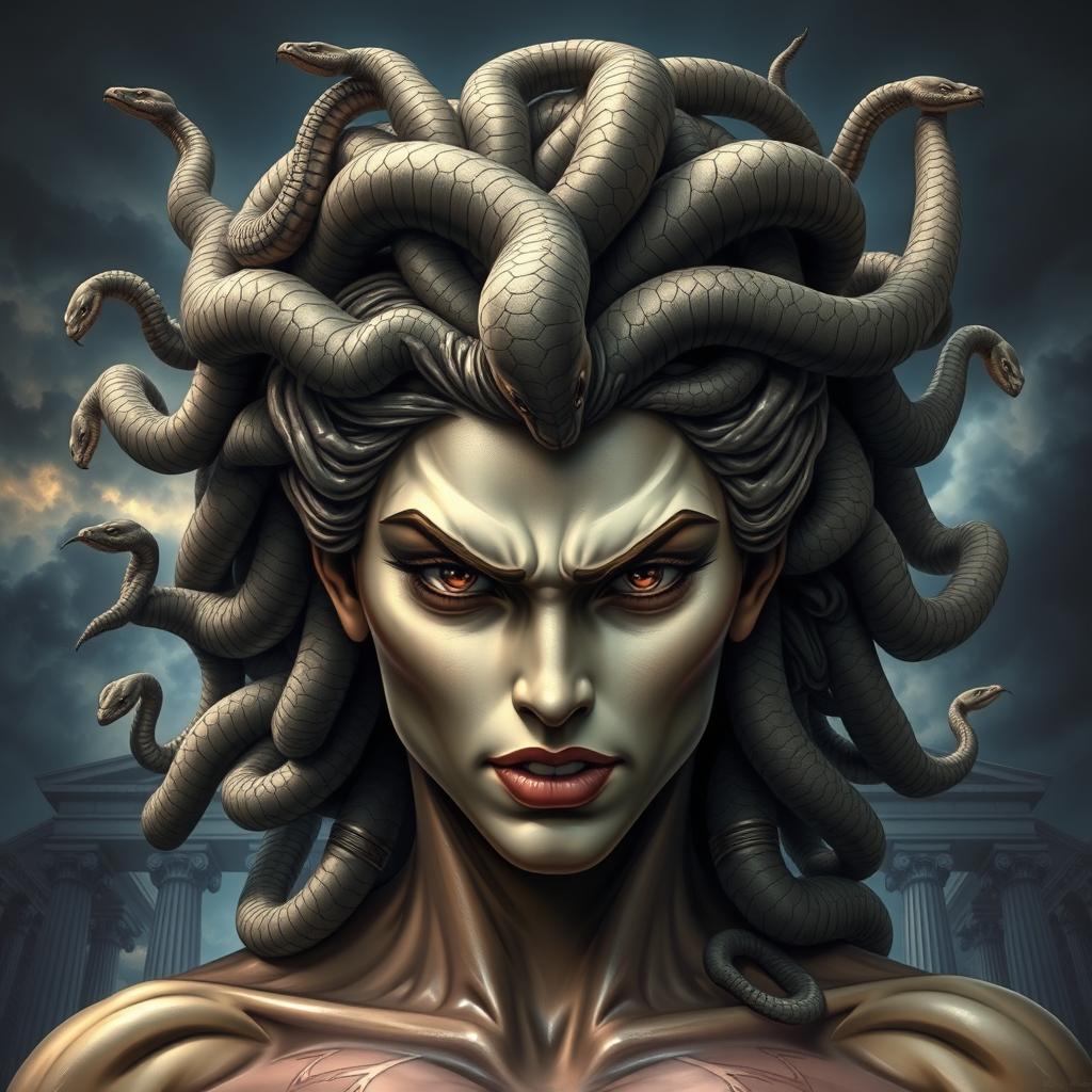 A powerful depiction of Medusa from Greek mythology, showcasing strong and defined facial features