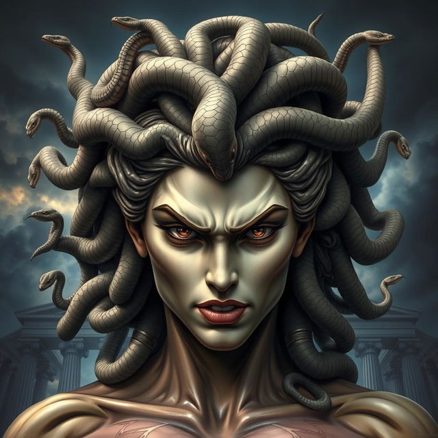A powerful depiction of Medusa from Greek mythology, showcasing strong and defined facial features