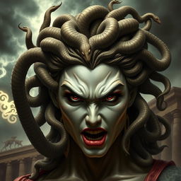 A powerful depiction of Medusa from Greek mythology, showcasing strong and defined facial features